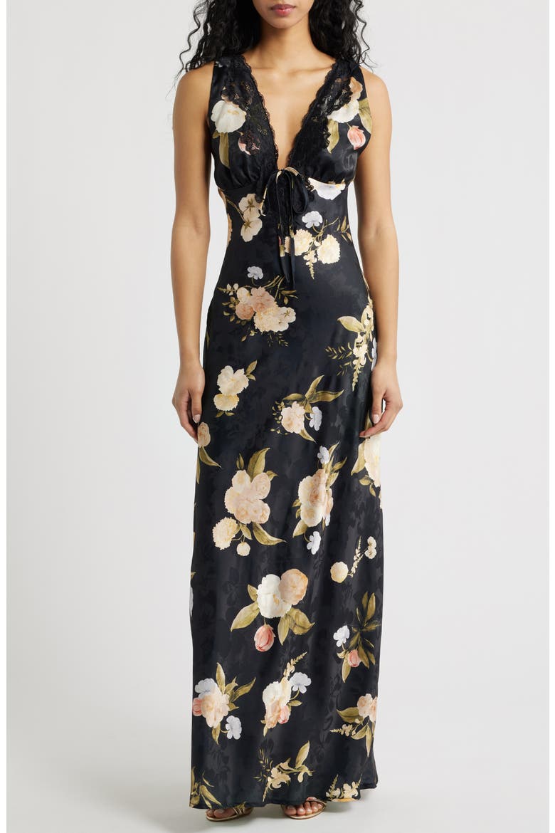 black floral satin dress Black Floral Satin Maxi Dress - All Dresses