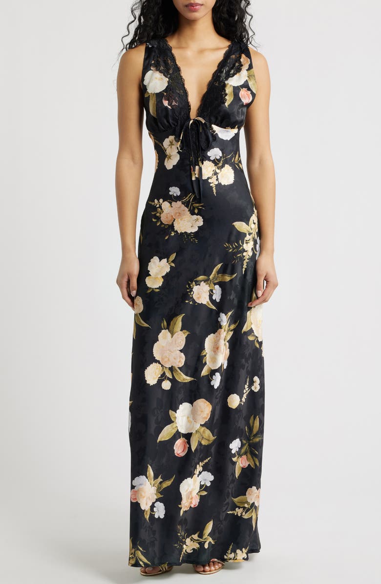 Lulus Judith Floral Jacquard Satin Slipdress, Main, color, Black Floral