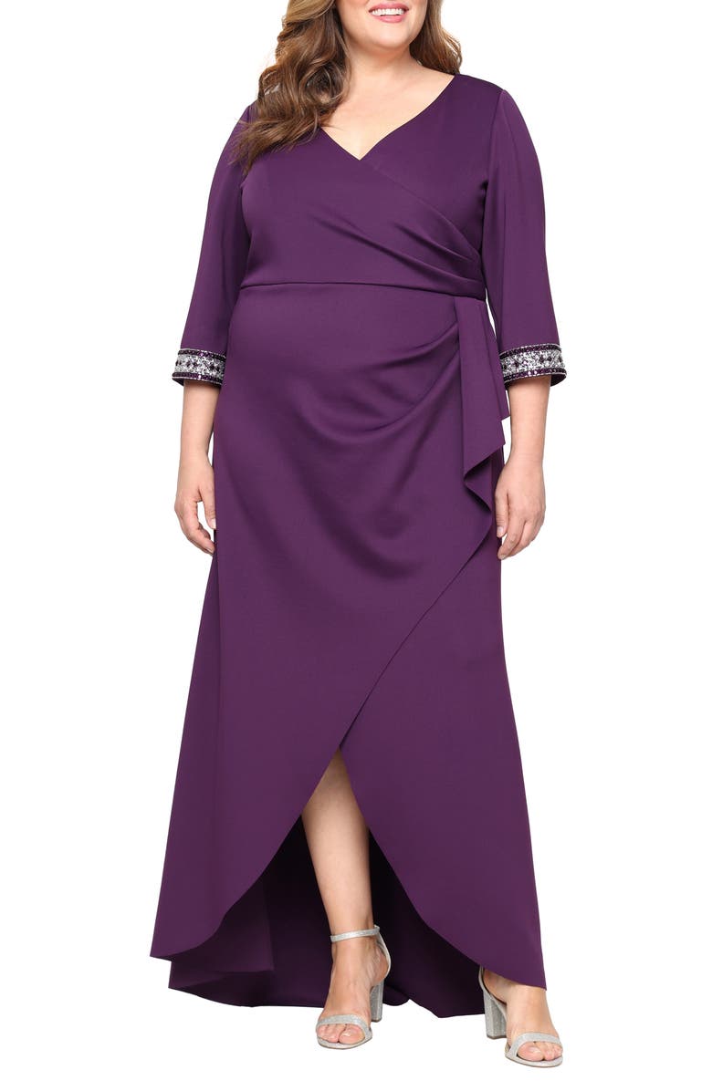 Alex Evenings Embellished Stretch Crepe Gown, Main, color, Eggplant