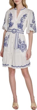 Eliza J Embroidered Puff Sleeve Cotton Shirtdress