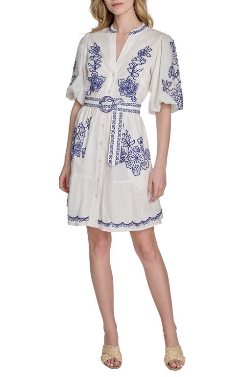 Eliza J Petite Embroidered Belted Button-front Cotton Dress In Blue