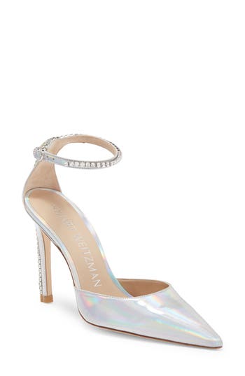 Stuart Weitzman Womens Metallic Embellished Ankle Strap In Silver/clear
