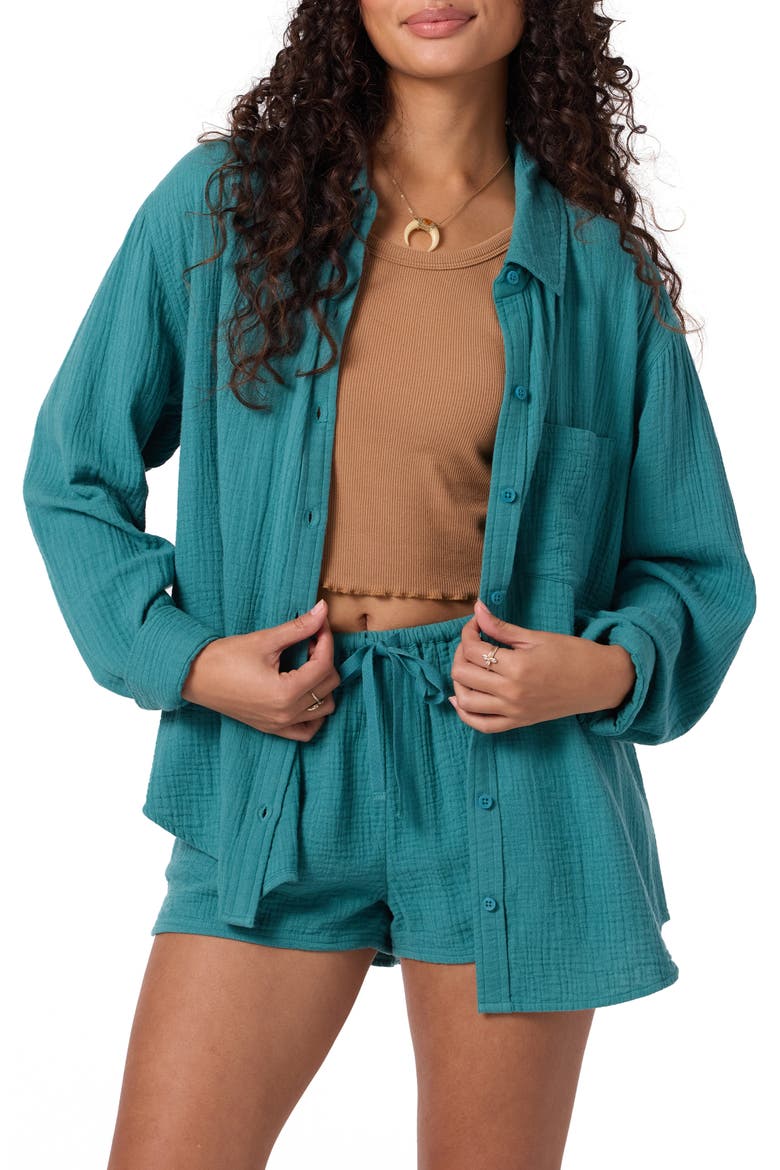 Leni Oversize Cotton Gauze Button-Up Shirt, Alternate, color, NORTH SEA