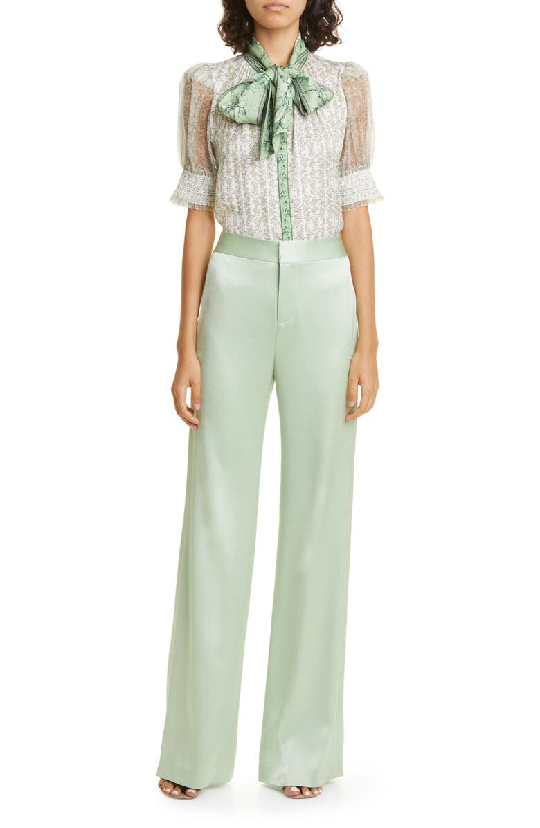 Alice + Olivia Deanna Stretch Cotton Satin Bootcut Pants, Alternate, color, 