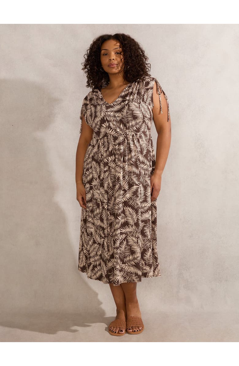 Live Unlimited Leaf Print Drawstring Sleeve Dress, Main, color, Brown