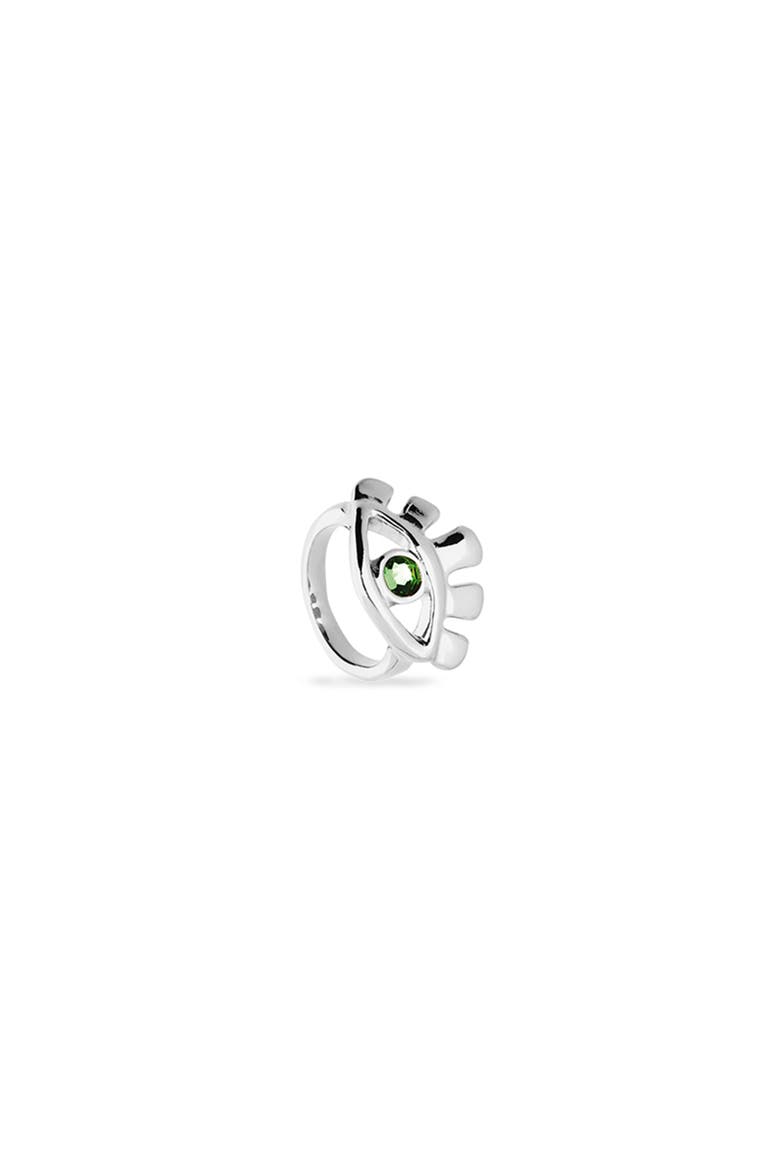 Sterling Silver Plated Eye-Shaped Ring with Green Faceted Crystal, Alternate, color, Silver