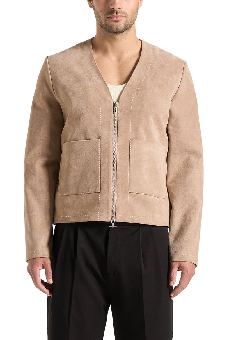 Maxime Suede Zip Jacket With Contrast Stitch, Alternate, color, Beige
