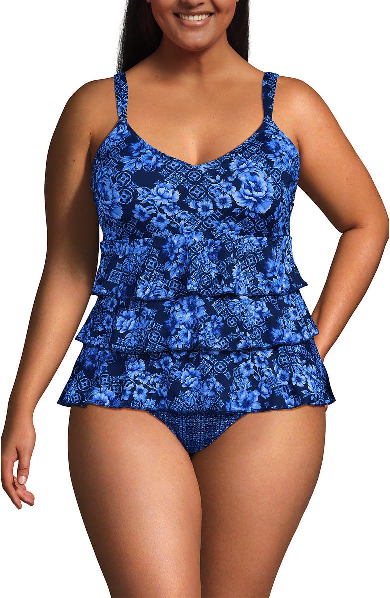Lands' End Smoothing Control Ruffle Fauxkini One Piece Swimsuit, Alternate, color, Navy Mosaic Floral/Tile Mix