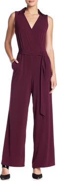 Nina Leonard Solid Tie Waist Jumpsuit