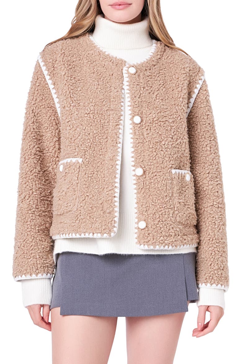 Premium Contrast Trim Faux Shearling Jacket, Main, color, TANWHITE
