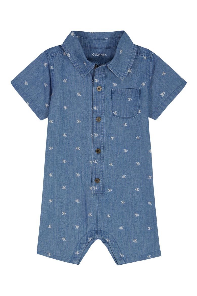 Logo Embroidered Denim Romper, Main, color, BLUE