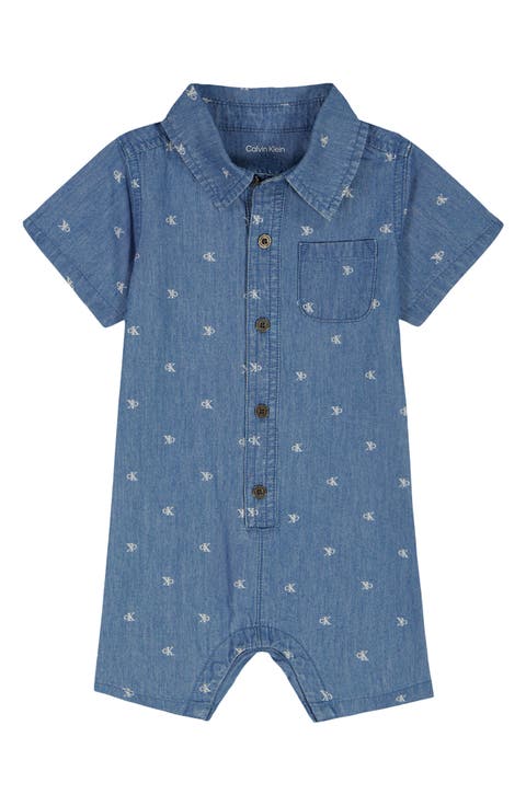 Logo Embroidered Denim Romper