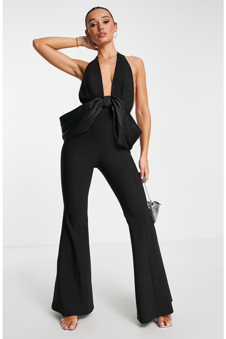 Bow Detail Backless Jumpsuit, Main, color, BLACK