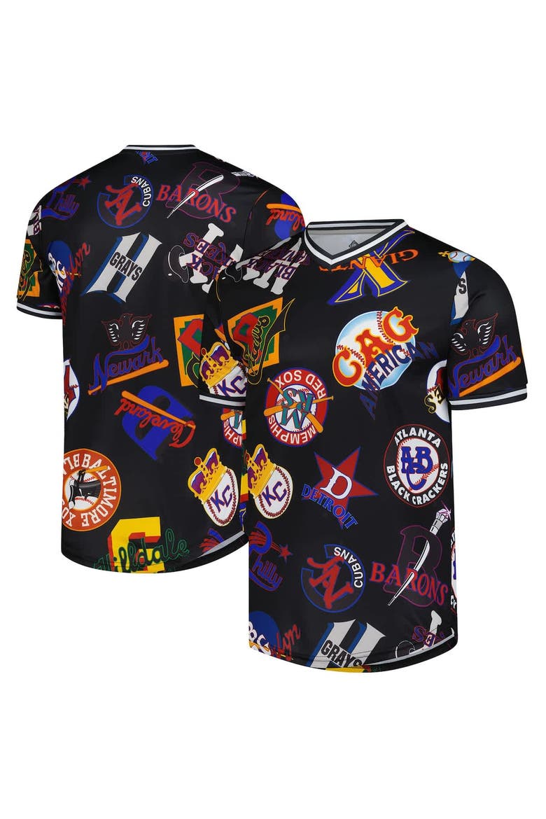 Men's Stitches Black Negro League Baseball Allover Print V-Neck Baseball Jersey, Main, color, Black
