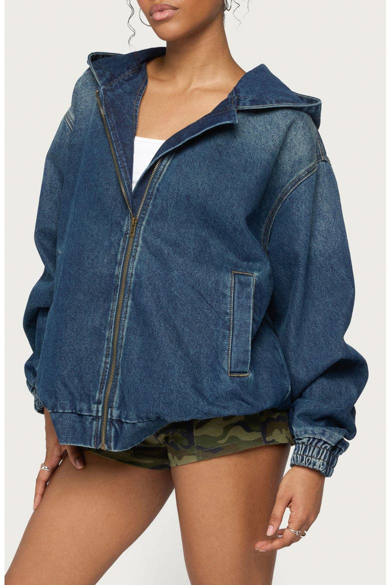 Hooded Vintage Wash Denim Bomber Jacket, Alternate, color, MEDIUM-BLUE