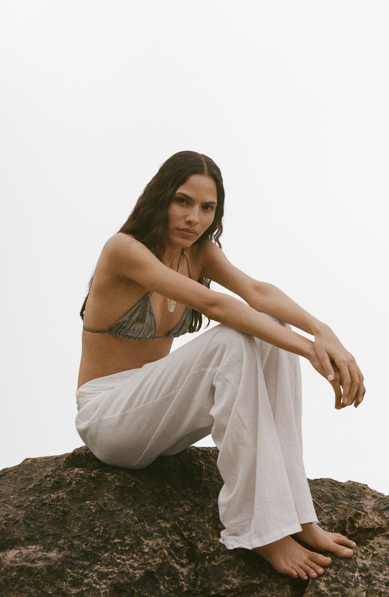 MANGO Drape Waist Wide Leg Linen Blend Pants, Alternate, color, White