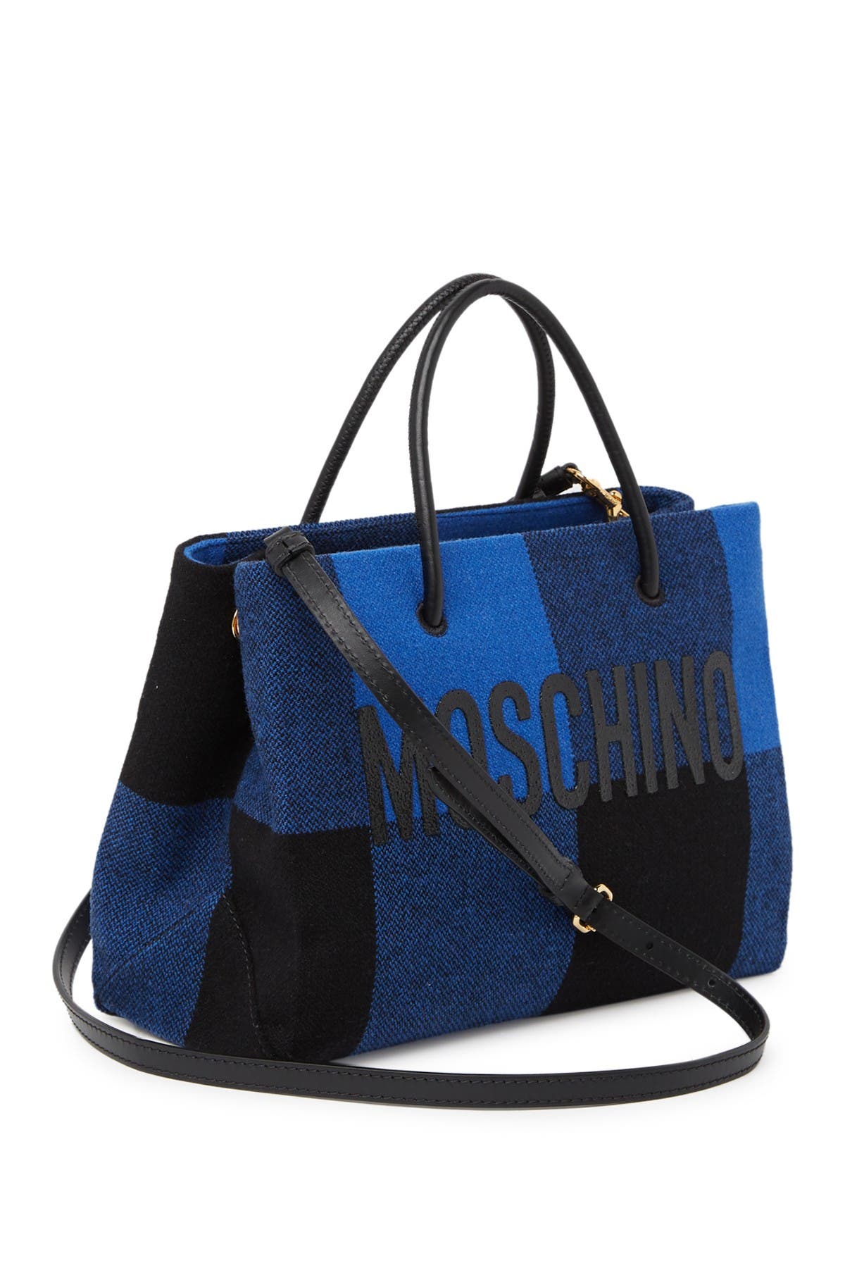 Moschino Plaid Print Logo Tote Bag, Alternate, color, 