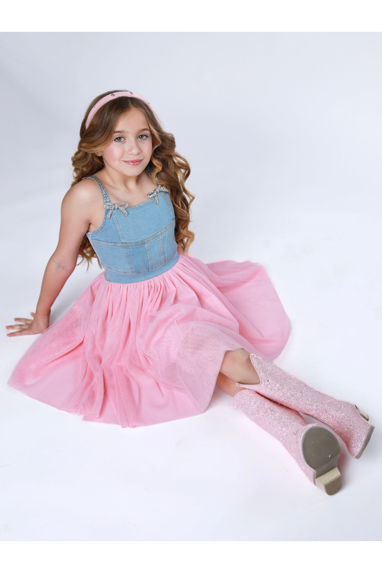 Sparkle Denim Bow Tulle Dress, Alternate, color, Pink