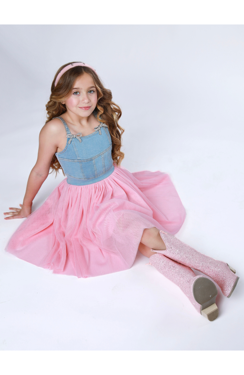 Mia Belle Girls Sparkle Denim Bow Tulle Dress, Alternate, color, Pink