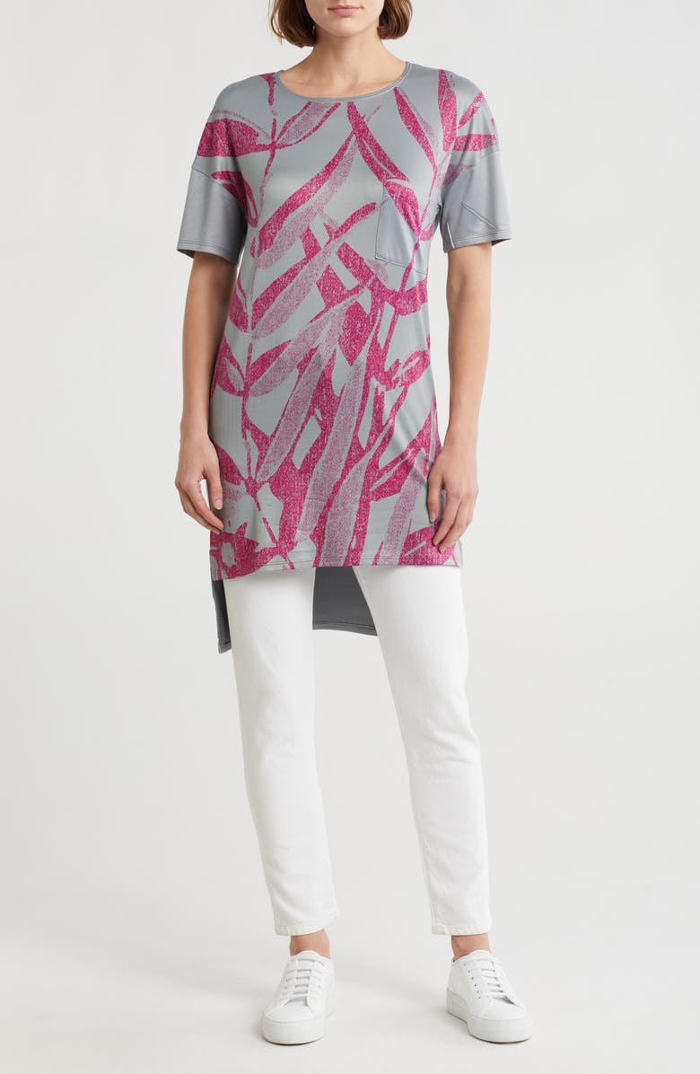 GO COUTURE High Low Tunic T-Shirt Dress, Main, color, Charcoal Pink Grass Prnt