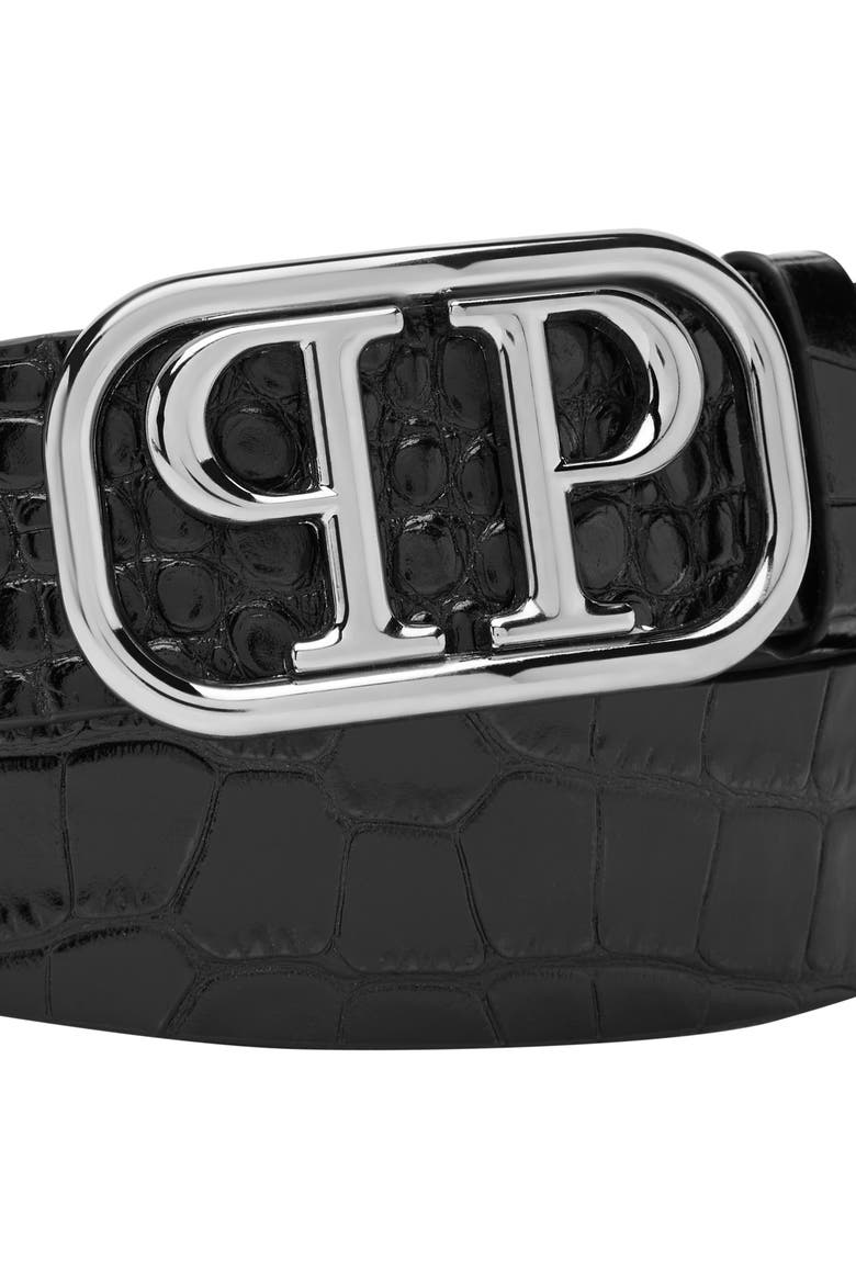 Leather Belt Crocco Print Shiny Skull Men, Alternate, color, black