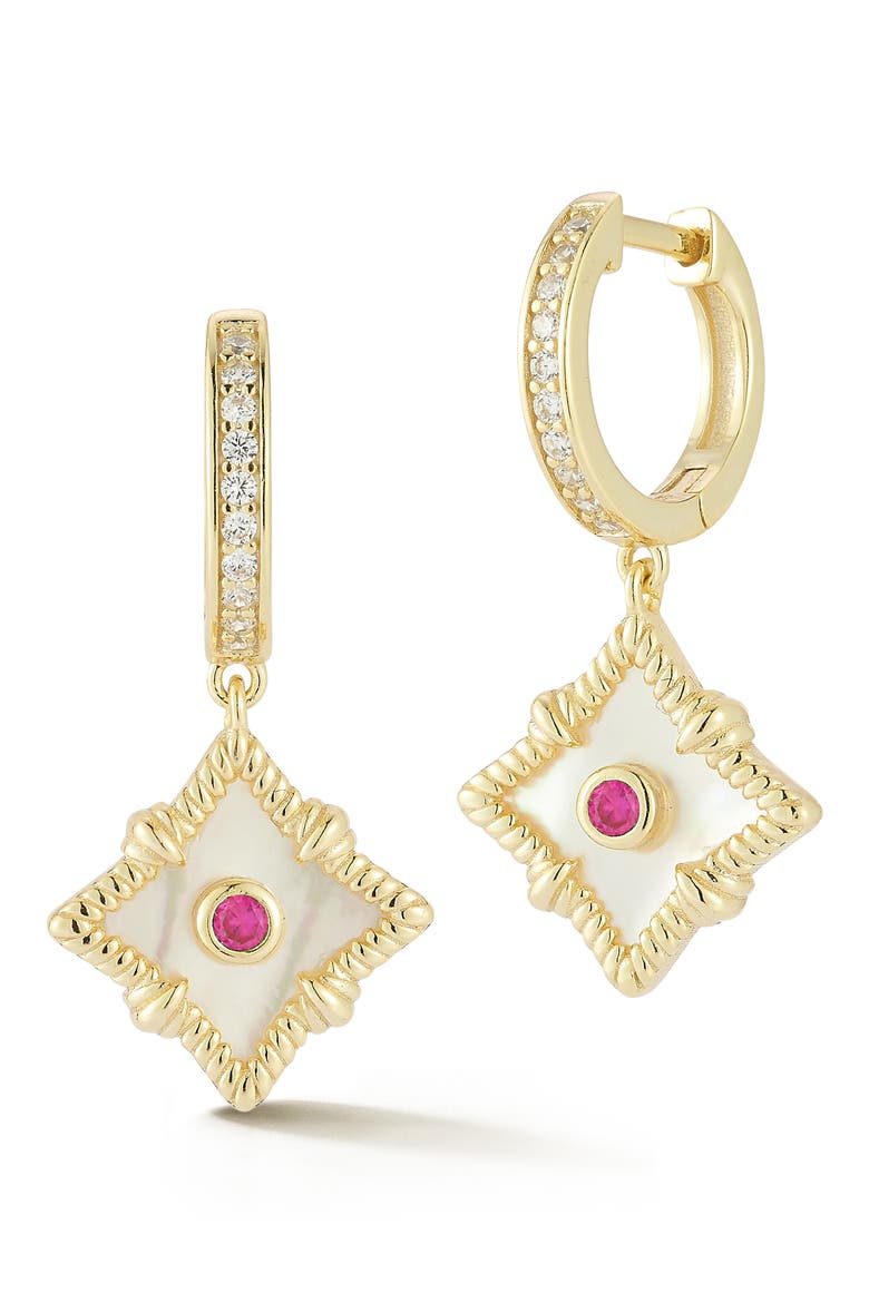 Mother of Pearl Charm Huggie Hoop Earrings, Main, color, GOLD/PINK
