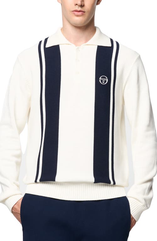 Sergio Tacchini Young Line Long Sleeve Cotton Knit Polo in Gardenia/Maritime Blue 