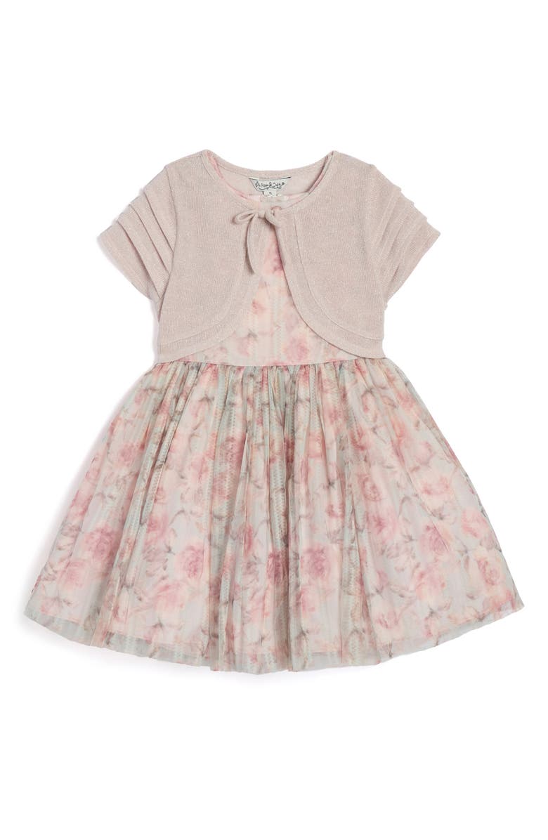 Pippa & Julie Kids' Chloe Floral Print Tulle Dress & Shrug Set, Main, color, Mauve