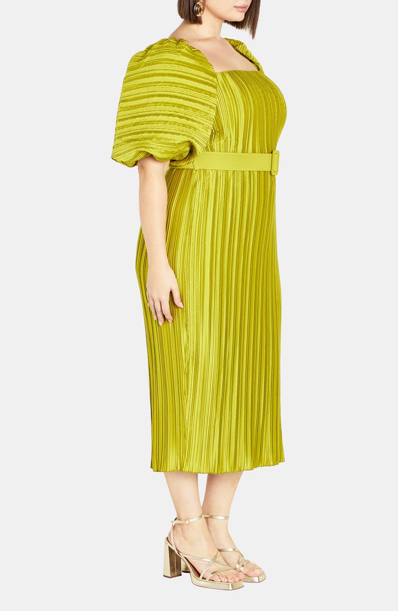 City Chic Krista Pleated Puff Sleeve Midi Dress, Alternate, color, Chartreuse