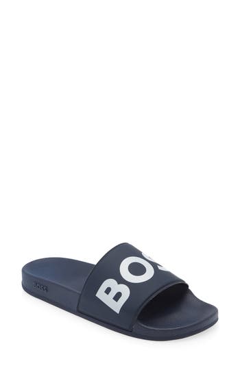 Hugo Boss Italian-made Slides With Raised Logo In Blue