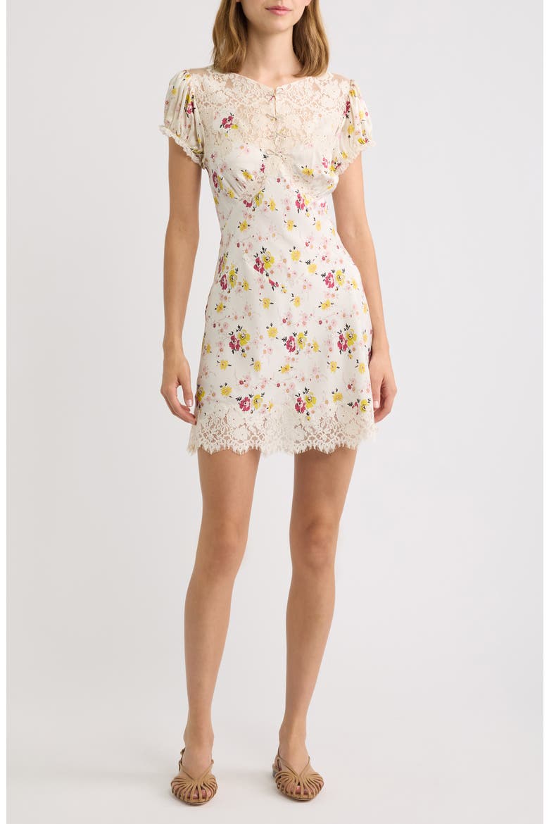 Elisaria Lace Trim Silk Minidress, Main, color, SWEETBRIAR FLORAL