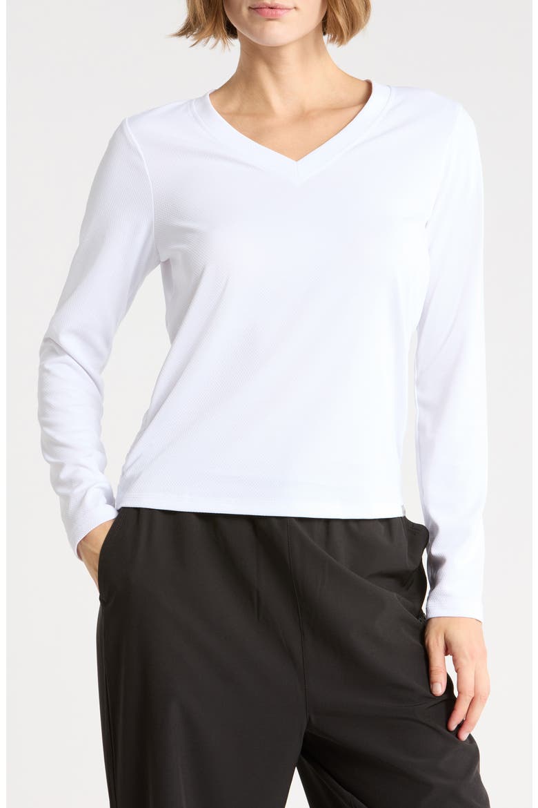 Mesh V-Neck Long Sleeve T-Shirt, Main, color, WHITE