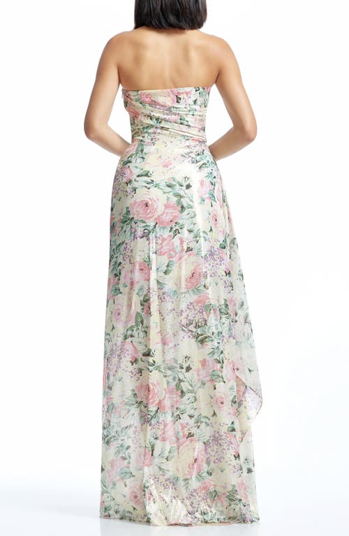 Dress The Population Lulu Metallic Floral Strapless Gown In Ivory Multi