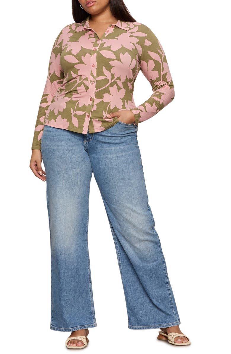 Sanctuary Dreamer Floral Knit Button-Up Shirt, Alternate, color, Pink Silhouette