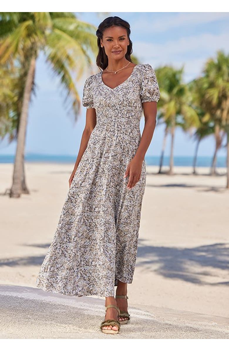 LASCANA Women's Floral Print Maxi Dress, Alternate, color, Grey Multi