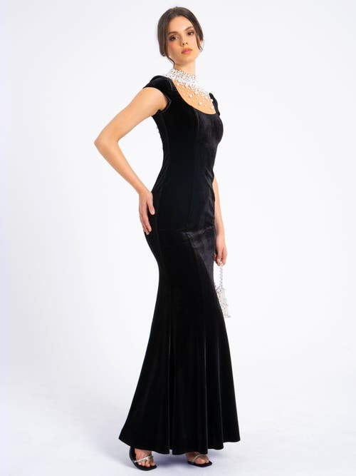 Miss Circle Rachael Velvet Pearl Embellished Gown In Black