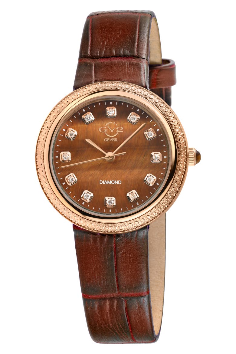 Arezzo Diamond Embellished Leather Strap Watch, 33mm - 0.14ctw, Main, color, BROWN