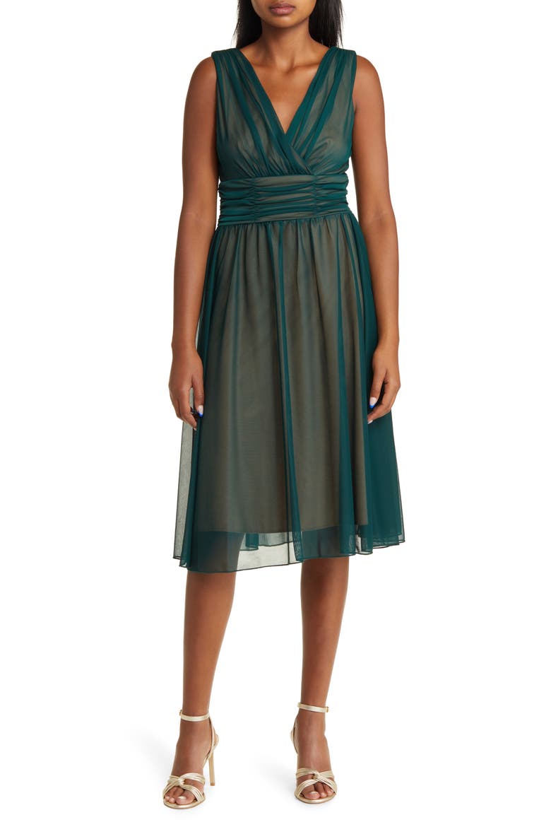 Chiffon Overlay Fit & Flare Dress, Main, color, HUNTER/ GOLD