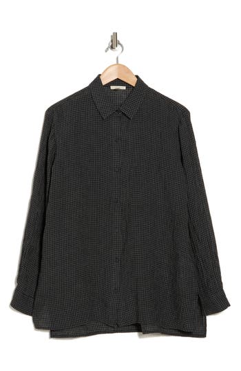Eileen Fisher Classic Collar Linen Checkered Button-up Shirt In Black