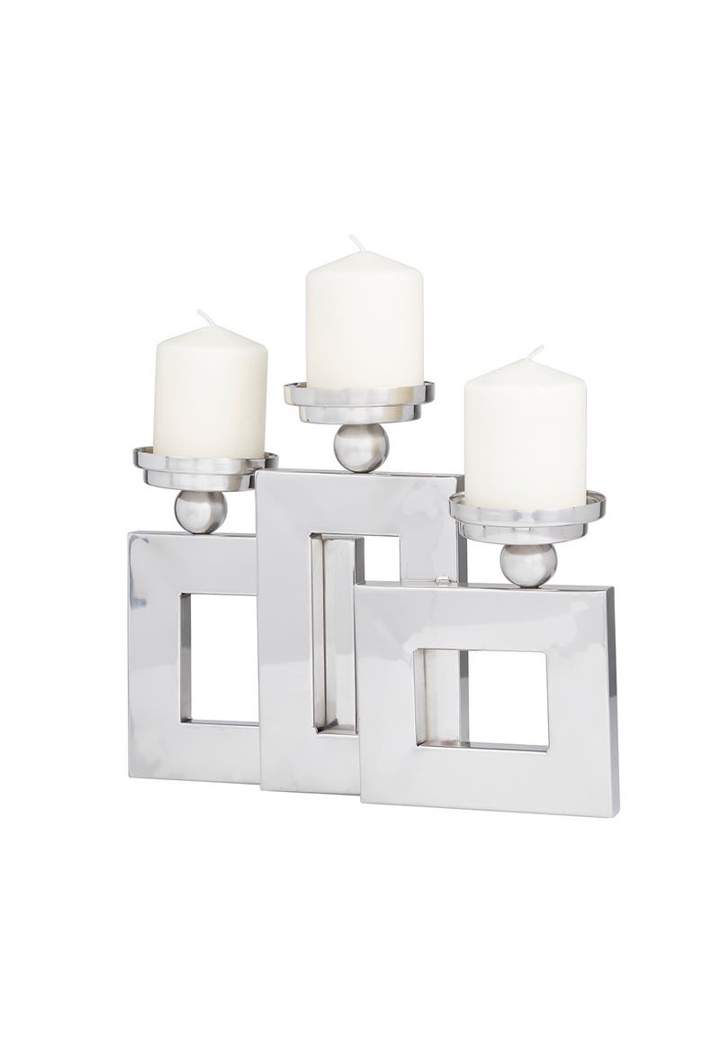 Silvertone Stainless Steel Pillar 3 Plate Candle Holder, Alternate, color, SILVER