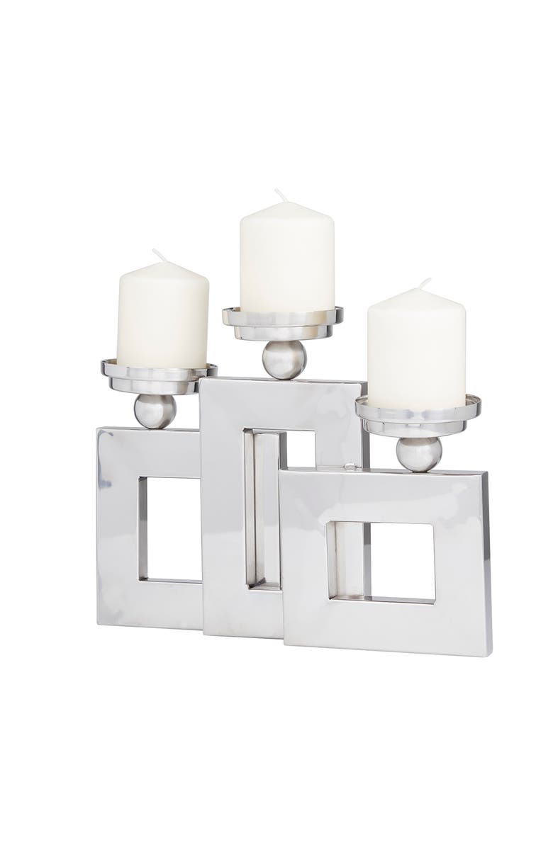 VIVIAN LUNE HOME Silvertone Stainless Steel Pillar 3 Plate Candle Holder, Alternate, color, Silver