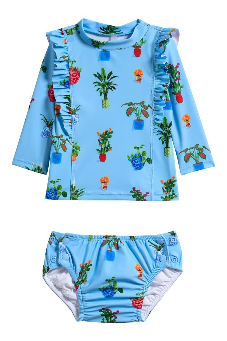 Playa Bonita Ruffle Long Sleeve UPF 50+ Two-Piece Rashguard & Reusable Swim Diaper Set, Main, color, PLAYA BONITA