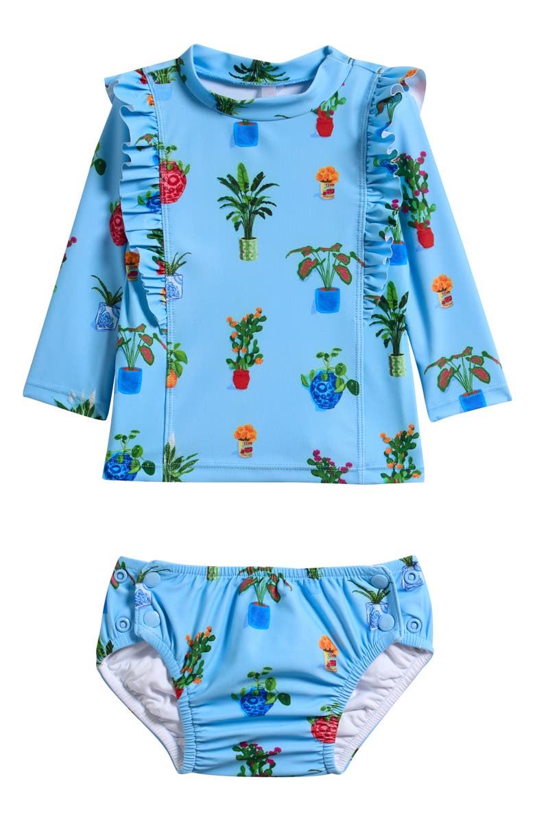 Seafolly Playa Bonita Ruffle Long Sleeve UPF 50+ Two-Piece Rashguard & Reusable Swim Diaper Set, Main, color, Playa Bonita
