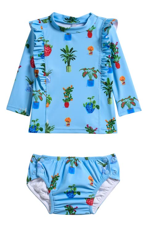Playa Bonita Ruffle Long Sleeve UPF 50+ Two-Piece Rashguard & Reusable Swim Diaper Set (Baby)