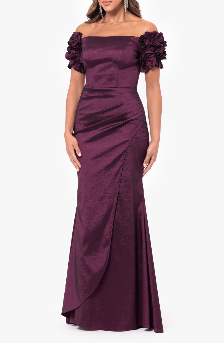 Xscape Evenings Off the Shoulder Taffeta Sheath Gown, Alternate, color, Wine
