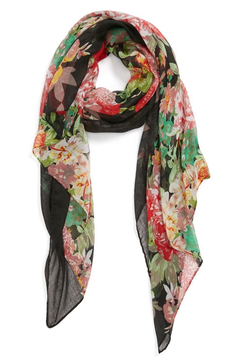 Floral Print Woven Scarf, Main, color, BLACK