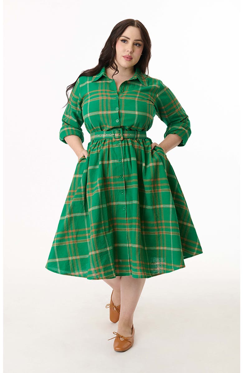 Unique Vintage Plus Size Long Sleeve Belted Shirt Dress, Main, color,
