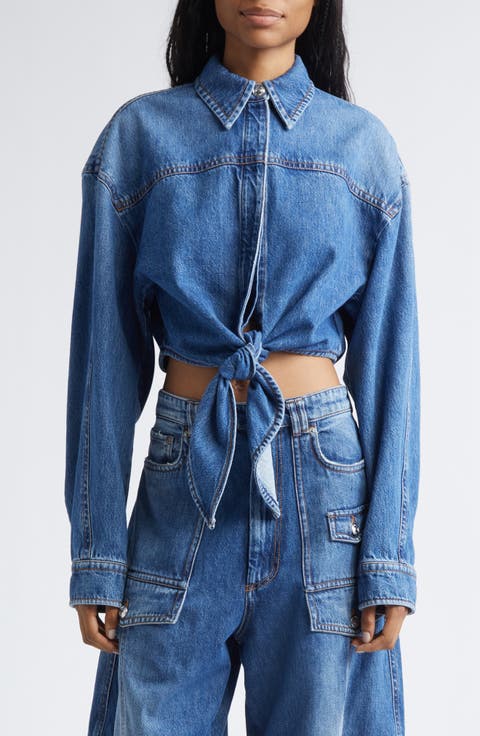 Pevera Crop Tie Front Denim Button-Up Shirt