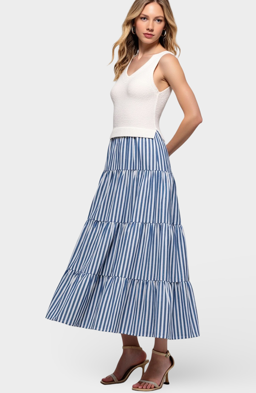 Modenaire Striped Tiered A-line Maxi Skirt With Side Pockets And Relaxed Fit In Blue
