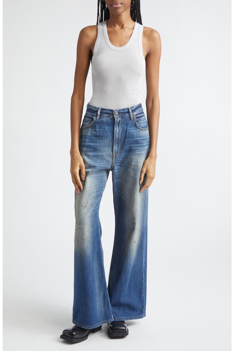 Distressed and Dirtied Regular Fit Wide Leg Jeans, Alternate, color, MID BLUE
